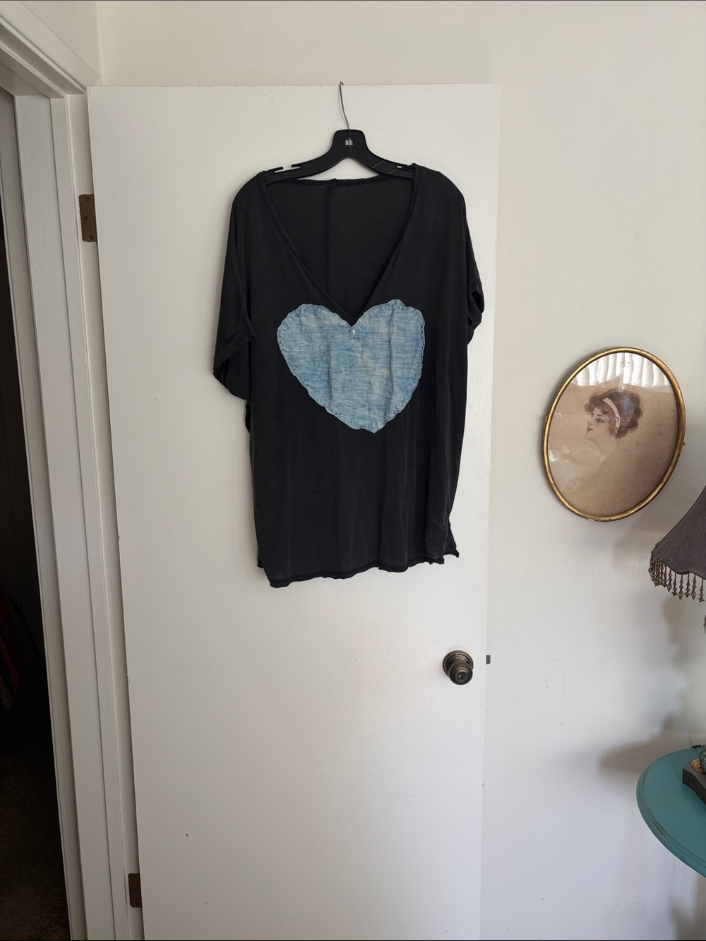 Black V-Neck Tee with Blue Heart Graphic